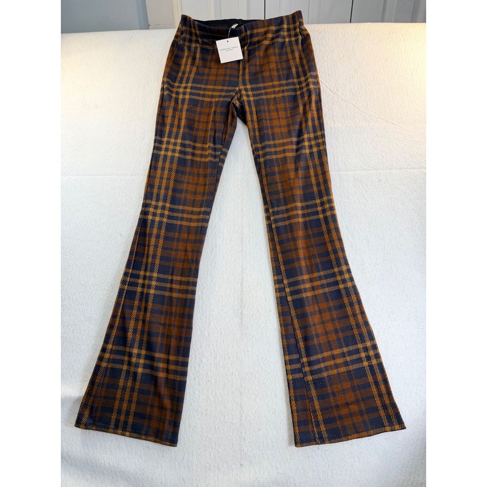 American Eagle Plaid Flare Pants Navy Blue Rust Orange High Waisted XS NEW